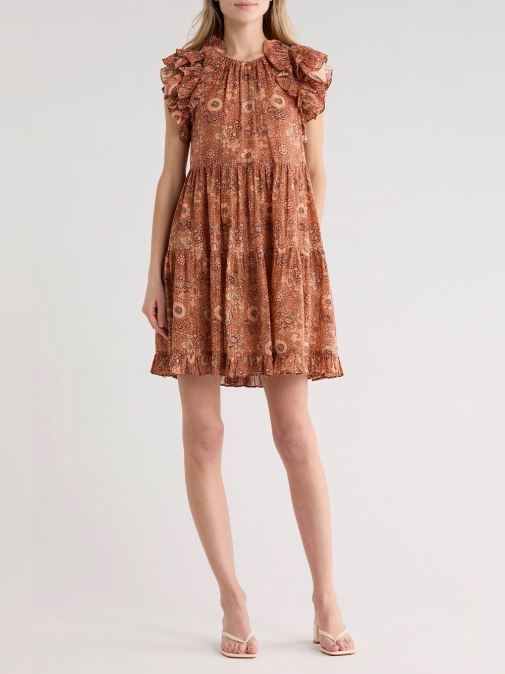 Ulla Johnson Adele Rust Floral Print Ruffle Sleeve Tiered Midi Dress Sz 10 NWT